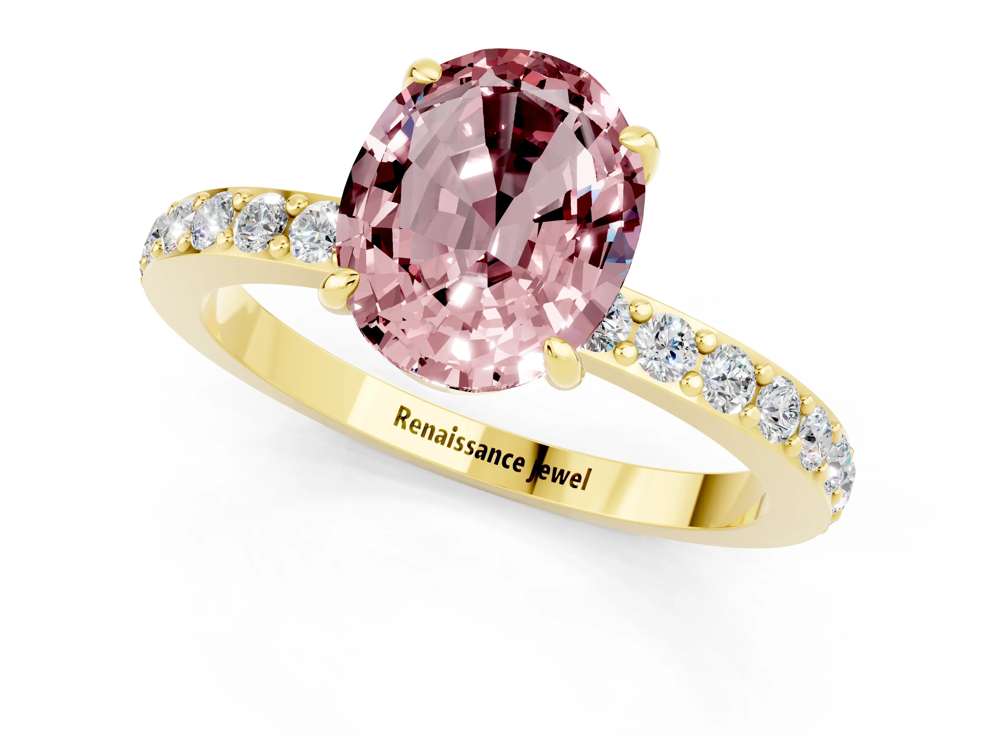Yellow gold Oval Cut Morganite Ring with Pavé Band and Four-Prong Setting_1