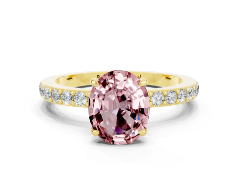 Yellow gold Oval Cut Morganite Ring with Pavé Band and Four-Prong Setting