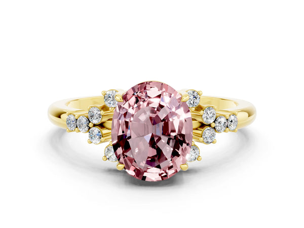 Yellow gold Oval Cut Morganite Ring with Side Stones and Four-Prong Setting