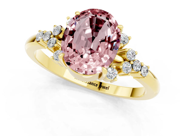 Yellow gold Oval Cut Morganite Ring with Side Stones and Four-Prong Setting