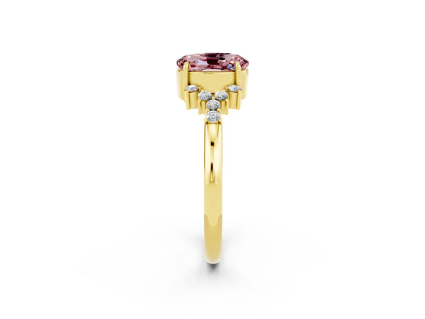 Yellow gold Oval Cut Morganite Ring with Side Stones and Four-Prong Setting