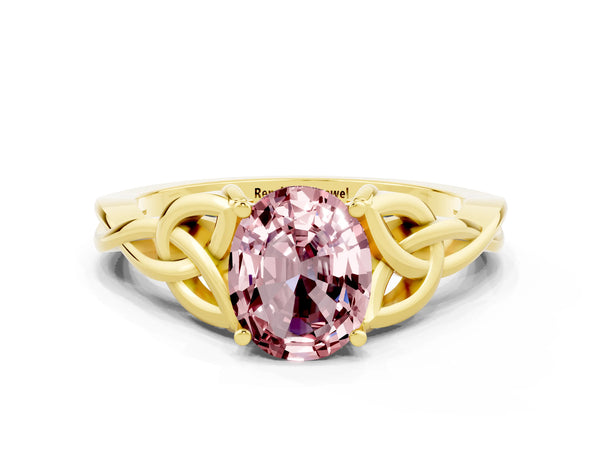 Yellow gold Oval Cut Morganite Solitaire Celtic Knot Ring with Four-Prong Setting
