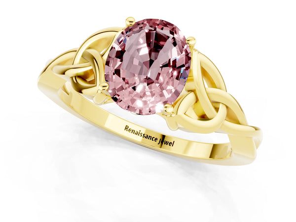 Yellow gold Oval Cut Morganite Solitaire Celtic Knot Ring with Four-Prong Setting