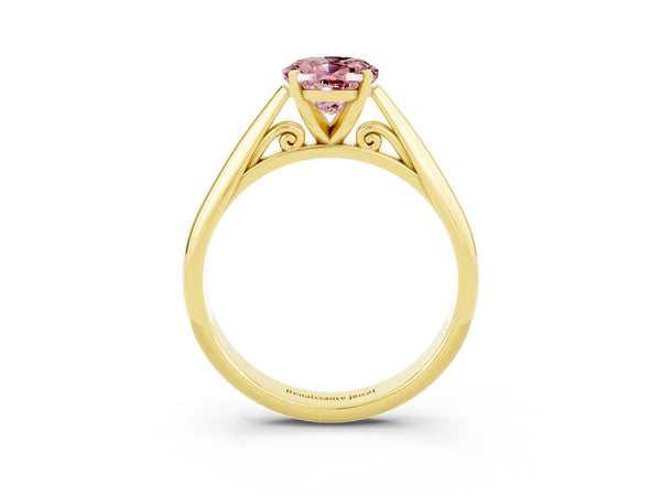 Yellow gold Oval Cut Morganite Solitaire Engagement Ring with Cathedral Setting and Four-Prong Mount