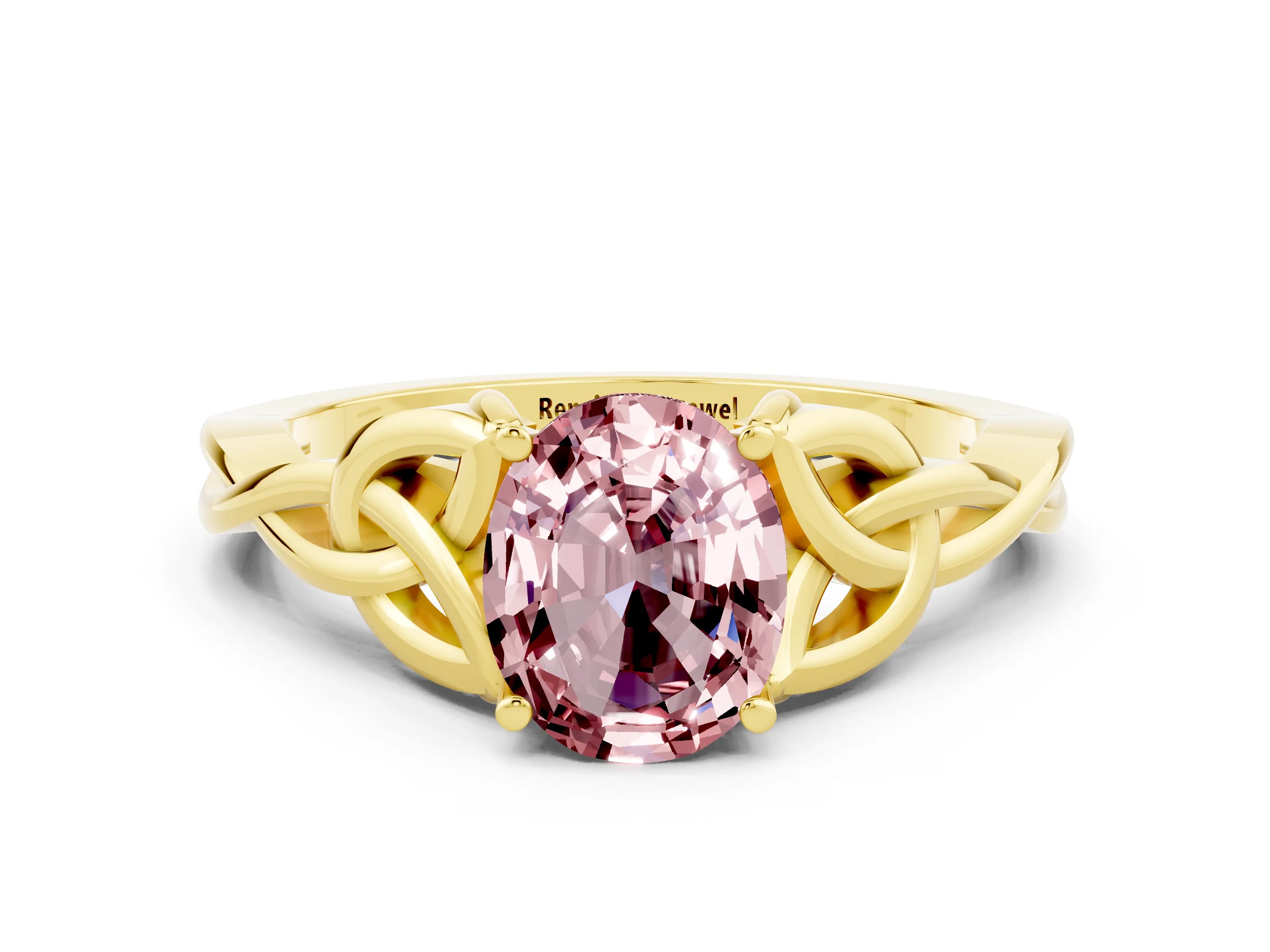Yellow gold Oval Cut Morganite Solitaire Engagement Ring with Celtic Knot Band and Four-Prong Setting