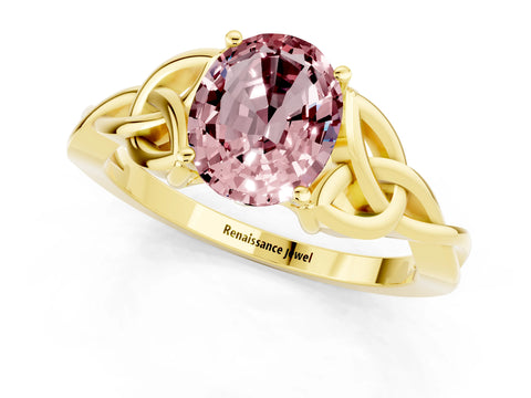 Yellow gold Oval Cut Morganite Solitaire Engagement Ring with Celtic Knot Band and Four-Prong Setting_1