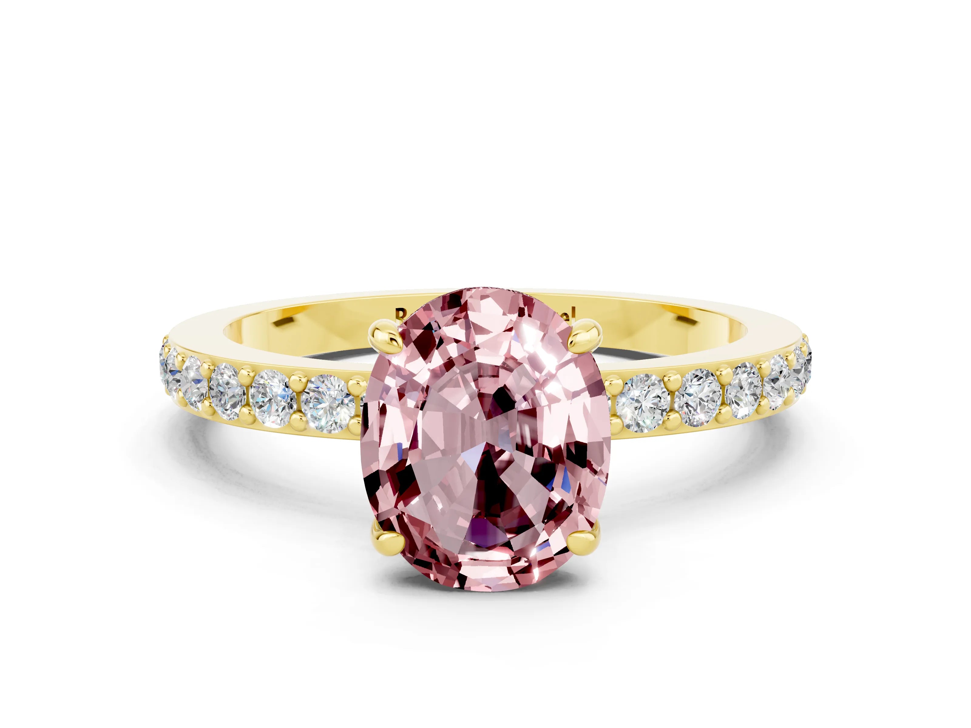 Yellow gold Oval Cut Morganite Solitaire Engagement Ring with Pavé Band and Four-Prong Setting_12