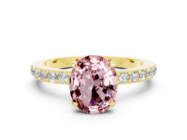 Yellow gold Oval Cut Morganite Solitaire Engagement Ring with Pavé Band and Four-Prong Setting
