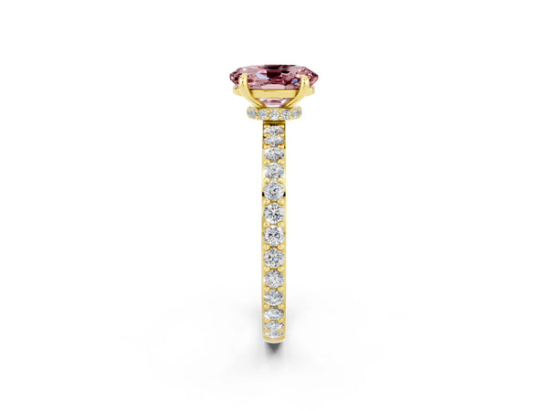 Yellow gold Oval Cut Morganite Solitaire Engagement Ring with Pavé Band and Four-Prong Setting