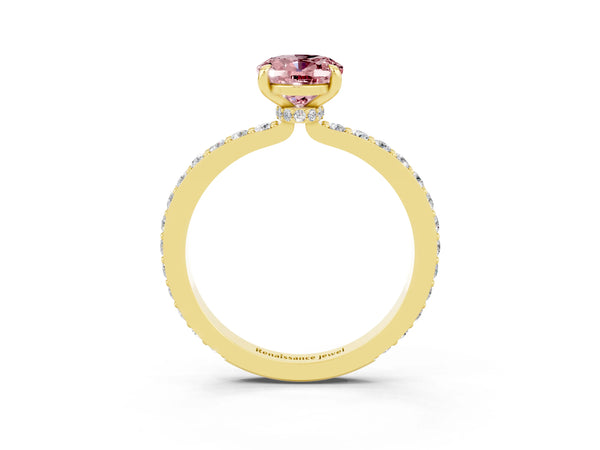 Yellow gold Oval Cut Morganite Solitaire Engagement Ring with Pavé Band and Four-Prong Setting