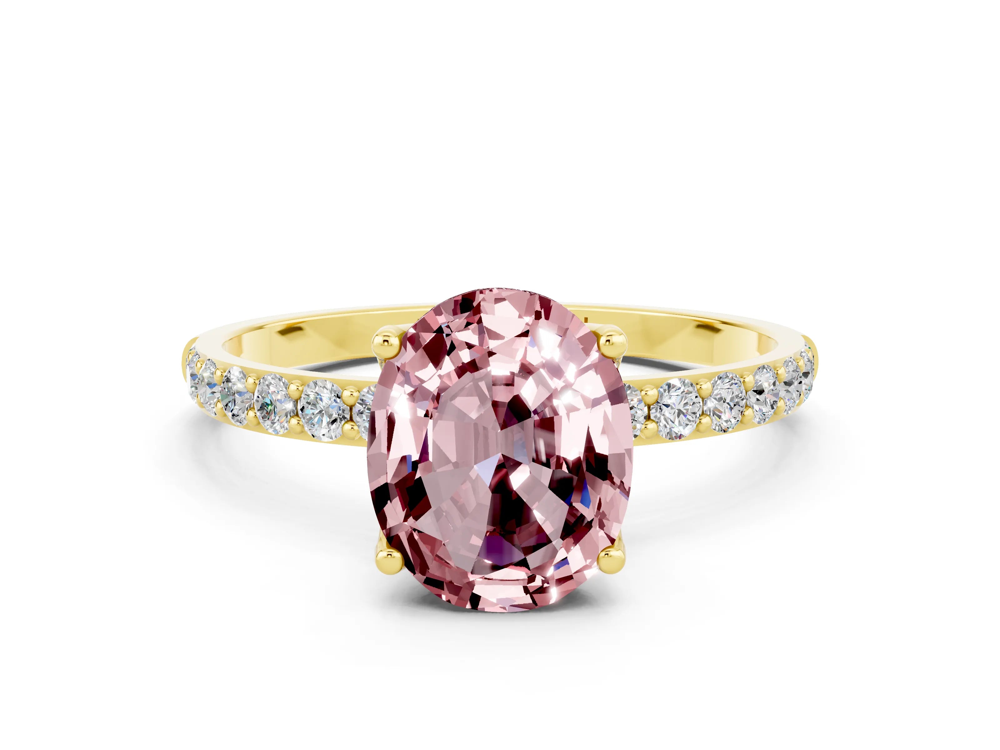 Yellow gold Oval Cut Morganite Solitaire Engagement Ring with Pavé Band and Prong Setting