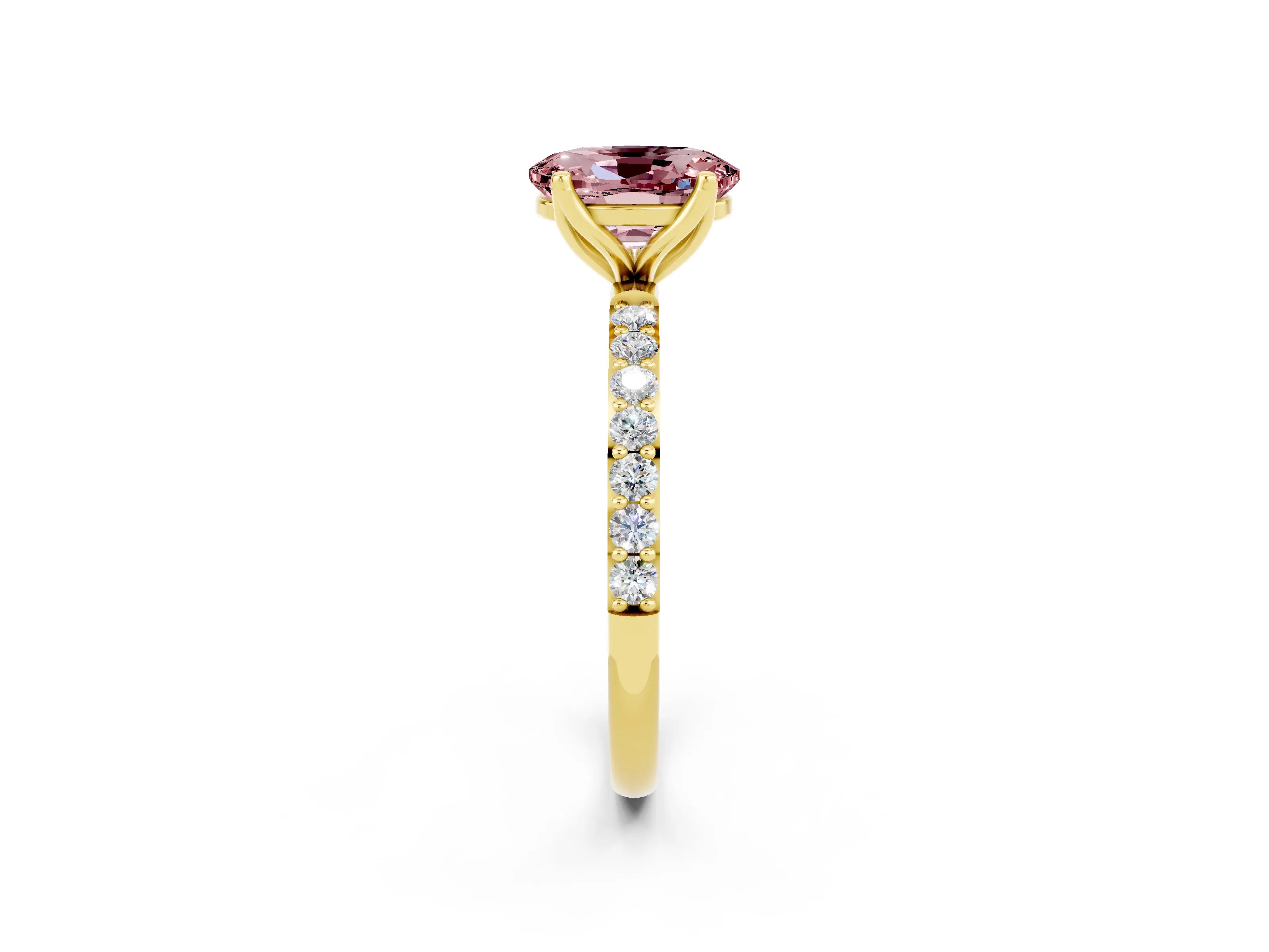 Yellow gold Oval Cut Morganite Solitaire Engagement Ring with Pavé Band and Prong Setting_2
