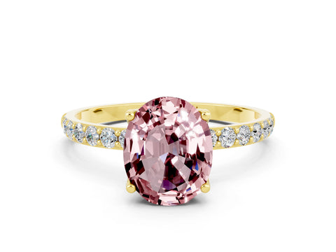 Yellow gold Oval Cut Morganite Solitaire Engagement Ring with Pavé Band and Prong Setting