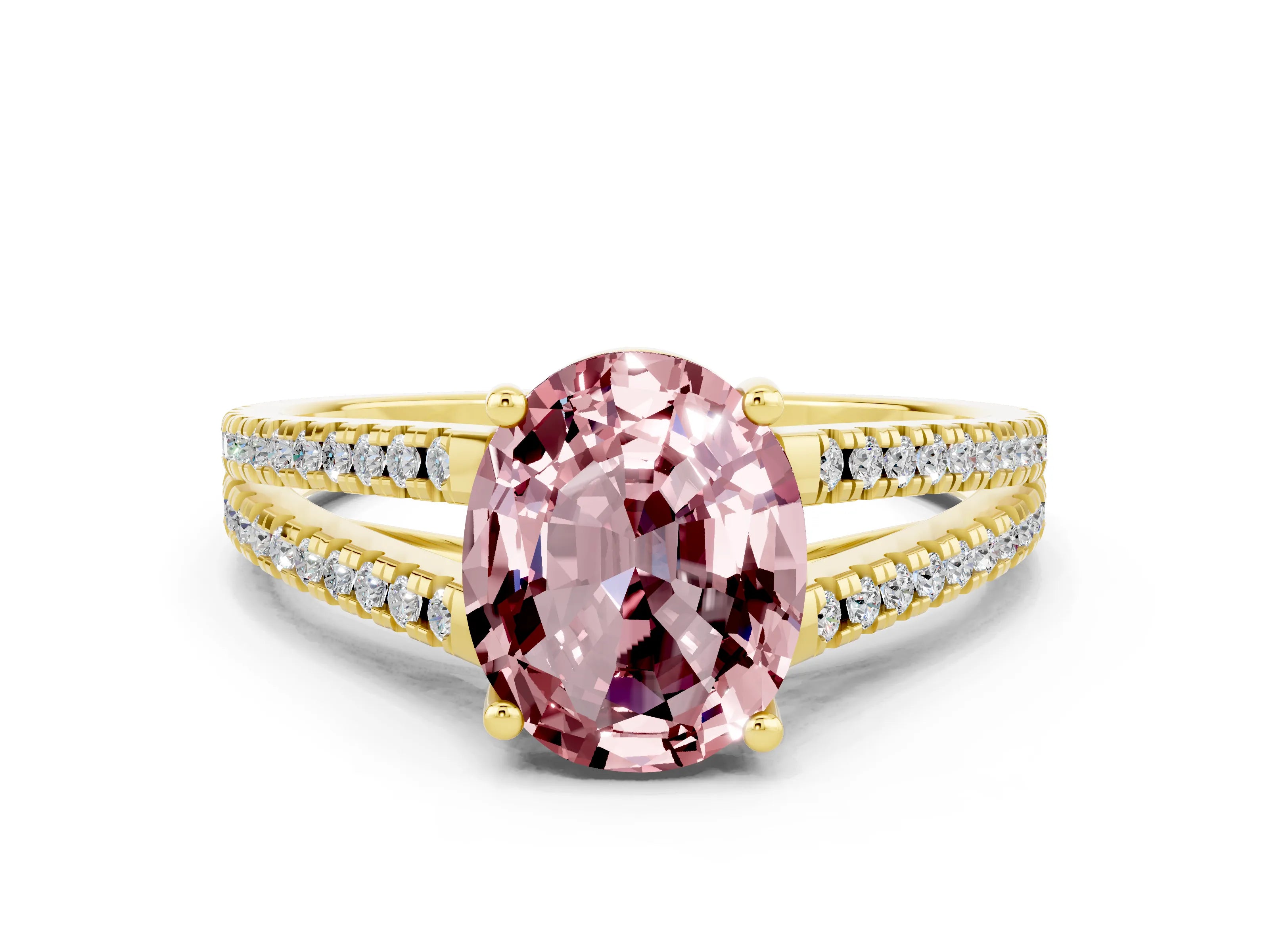 Yellow gold Oval Cut Morganite Solitaire Engagement Ring with Split Shank Pavé Band