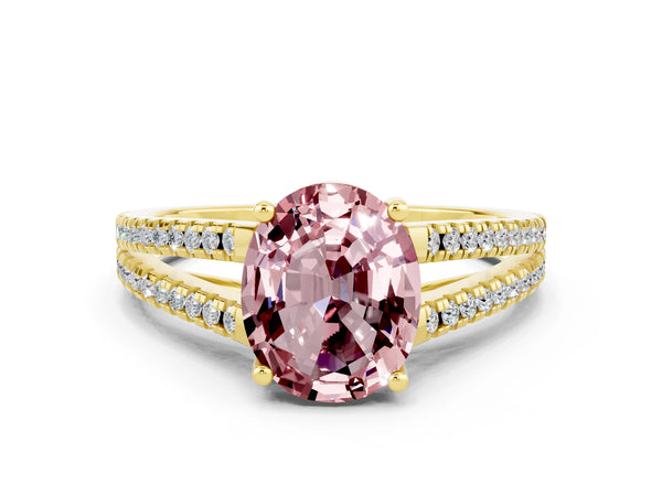 Yellow gold Oval Cut Morganite Solitaire Engagement Ring with Split Shank Pavé Band