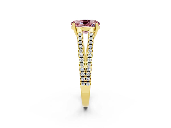 Yellow gold Oval Cut Morganite Solitaire Engagement Ring with Split Shank Pavé Band