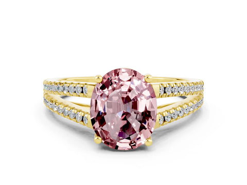 Yellow gold Oval Cut Morganite Solitaire Engagement Ring with Split Shank Pavé Band