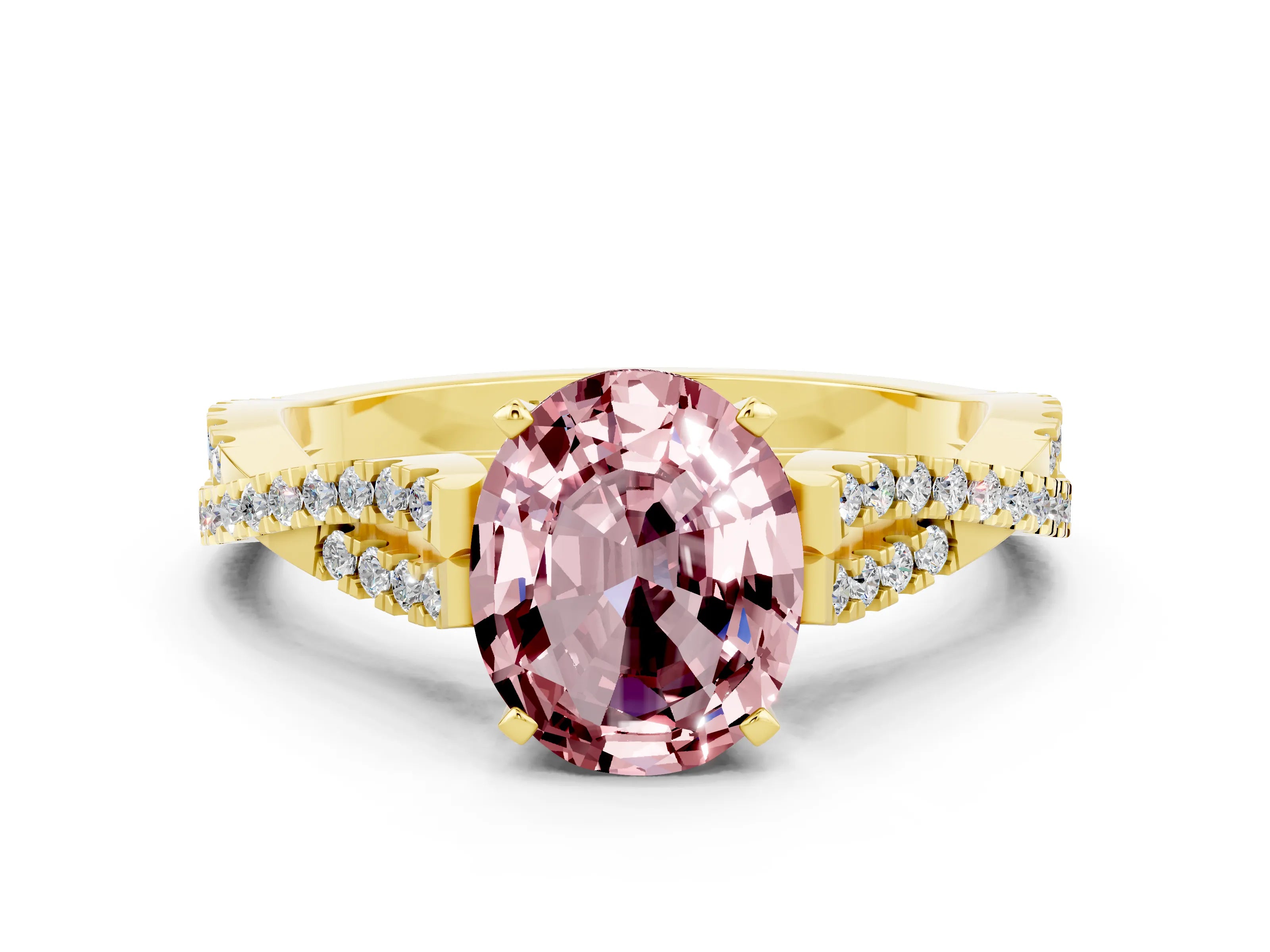 Yellow gold Oval Cut Morganite Solitaire Engagement Ring with Twisted Pavé Band and Four-Prong Setting