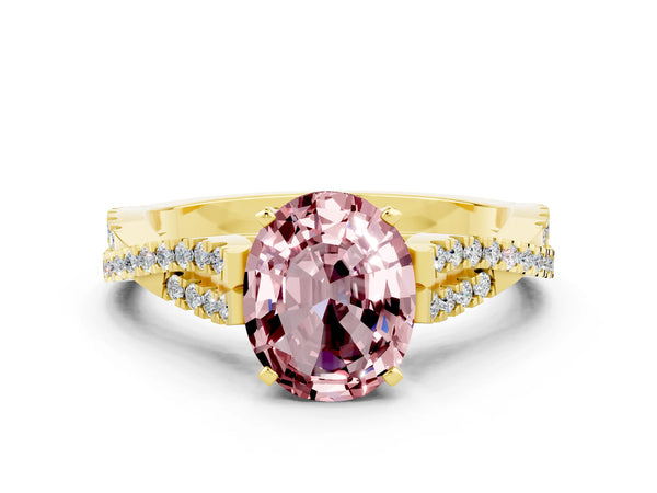 Yellow gold Oval Cut Morganite Solitaire Engagement Ring with Twisted Pavé Band and Four-Prong Setting