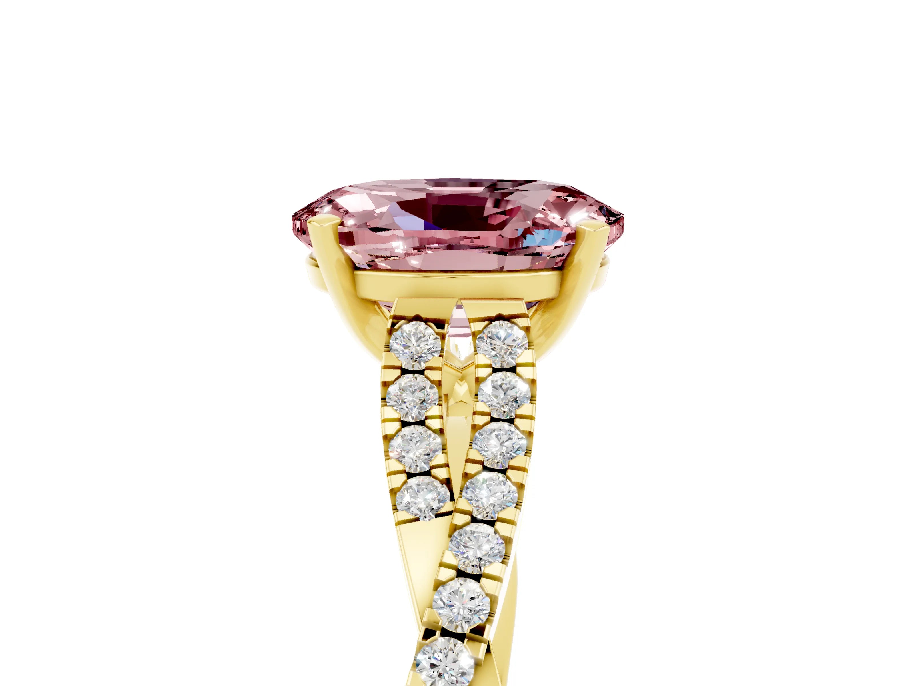 Yellow gold Oval Cut Morganite Solitaire Engagement Ring with Twisted Pavé Band and Four-Prong Setting_5