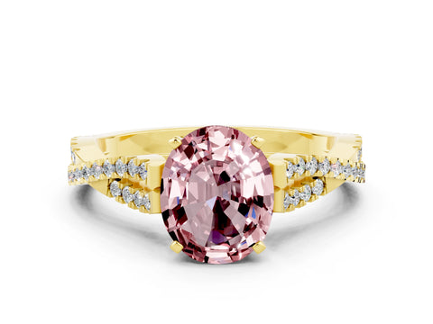 Yellow gold Oval Cut Morganite Solitaire Engagement Ring with Twisted Pavé Band and Four-Prong Setting