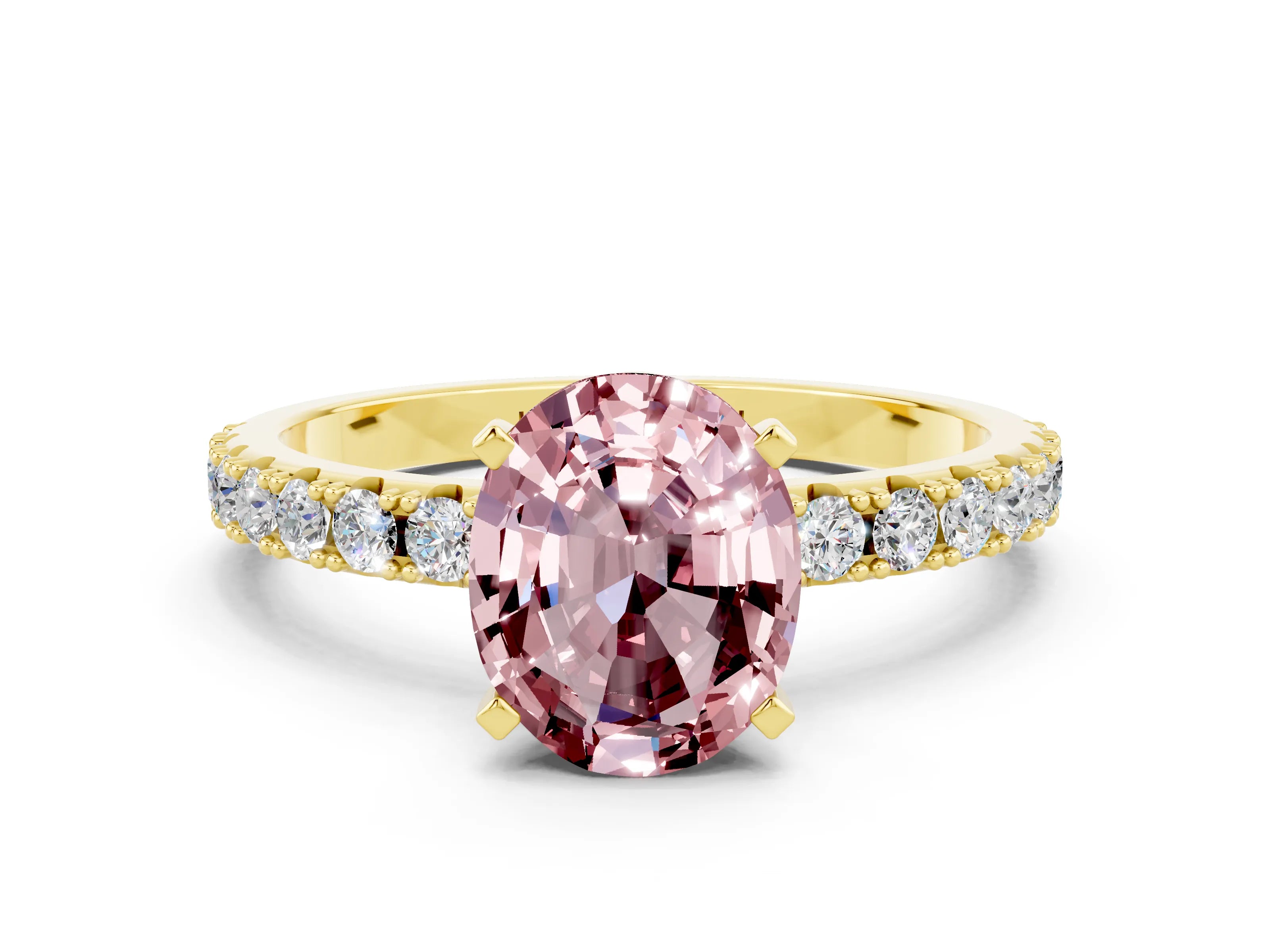 Yellow gold Oval Cut Morganite Solitaire Pavé Band with Four-Prong Setting