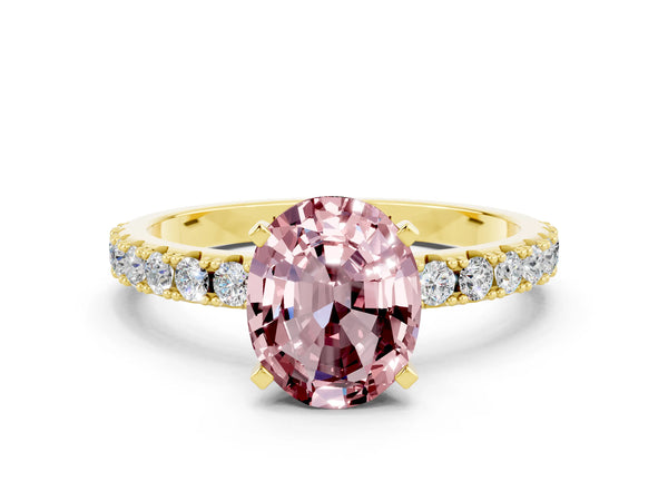 Yellow gold Oval Cut Morganite Solitaire Pavé Band with Four-Prong Setting