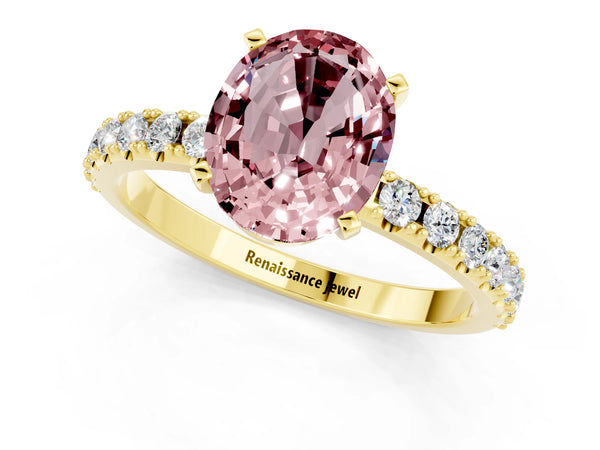 Yellow gold Oval Cut Morganite Solitaire Pavé Band with Four-Prong Setting