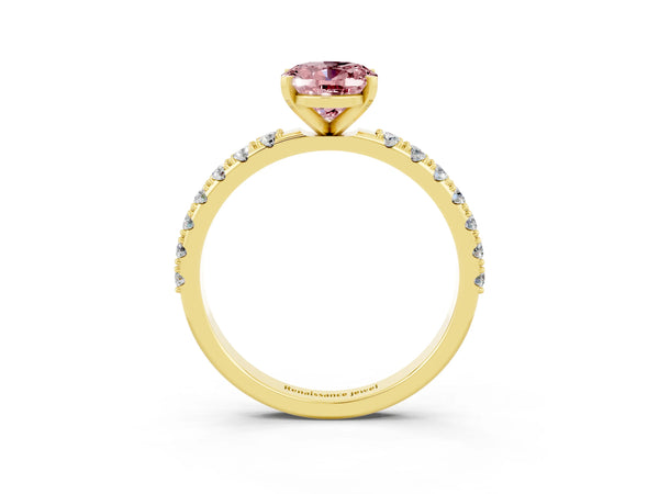 Yellow gold Oval Cut Morganite Solitaire Pavé Band with Four-Prong Setting