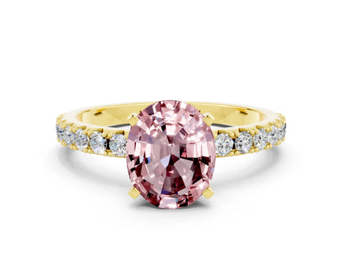 Yellow gold Oval Cut Morganite Solitaire Pavé Band with Four-Prong Setting