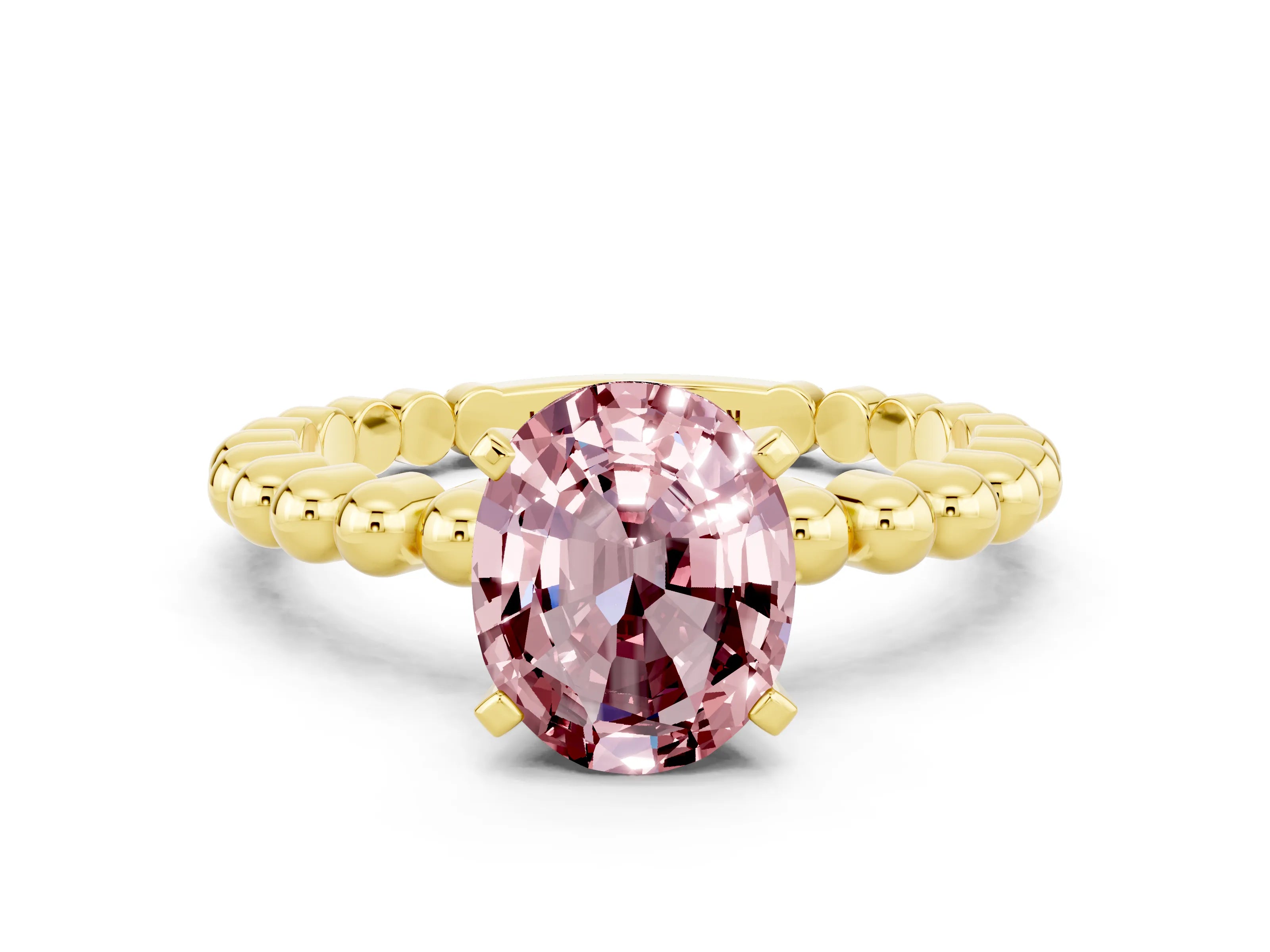 Yellow gold Oval Cut Morganite Solitaire Ring with Beaded Band and Prong Setting