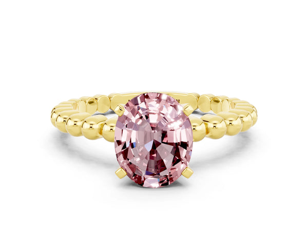 Yellow gold Oval Cut Morganite Solitaire Ring with Beaded Band and Prong Setting