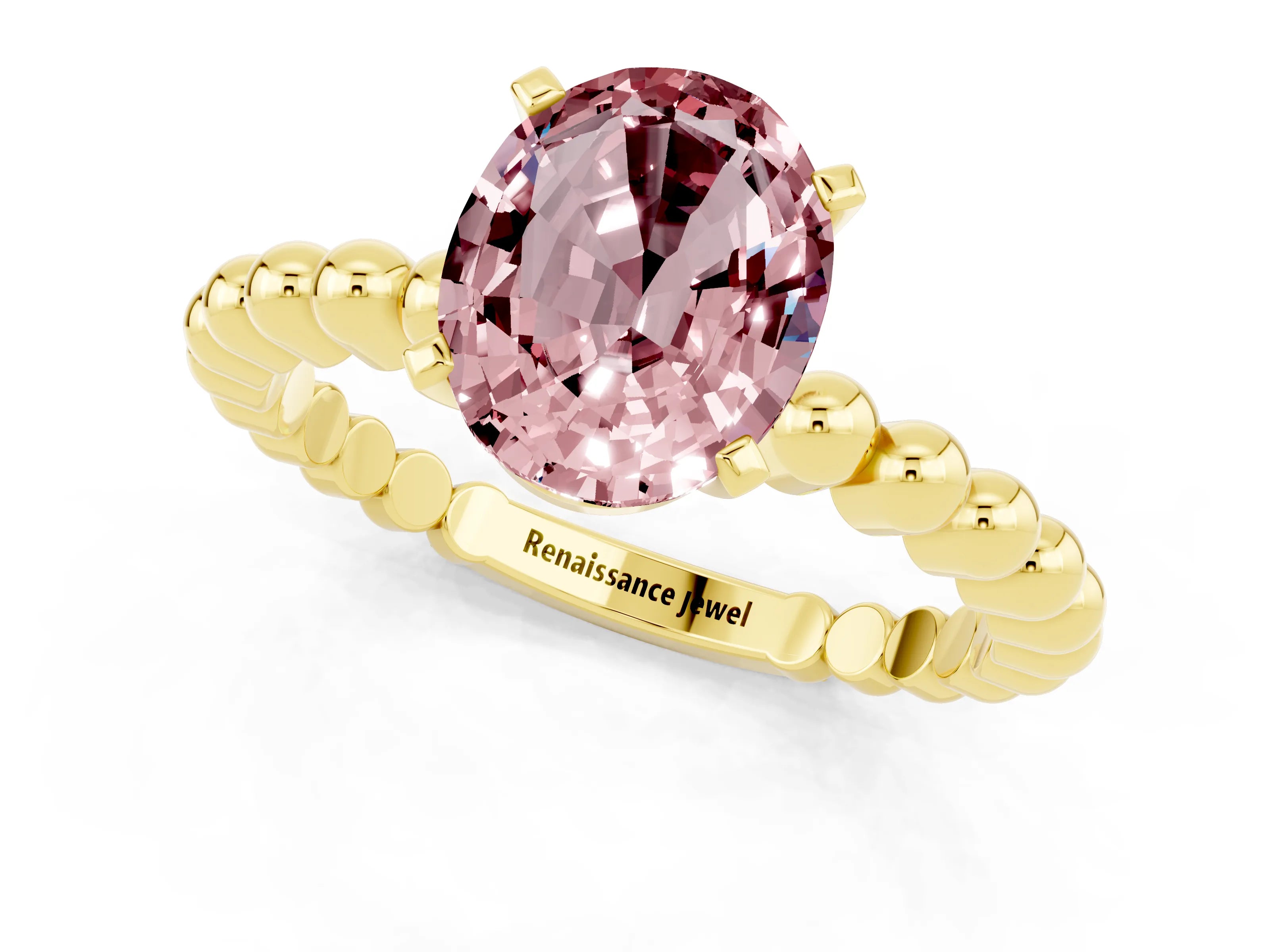 Yellow gold Oval Cut Morganite Solitaire Ring with Beaded Band and Prong Setting_1