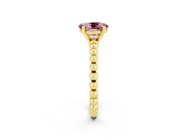 Yellow gold Oval Cut Morganite Solitaire Ring with Beaded Band and Prong Setting