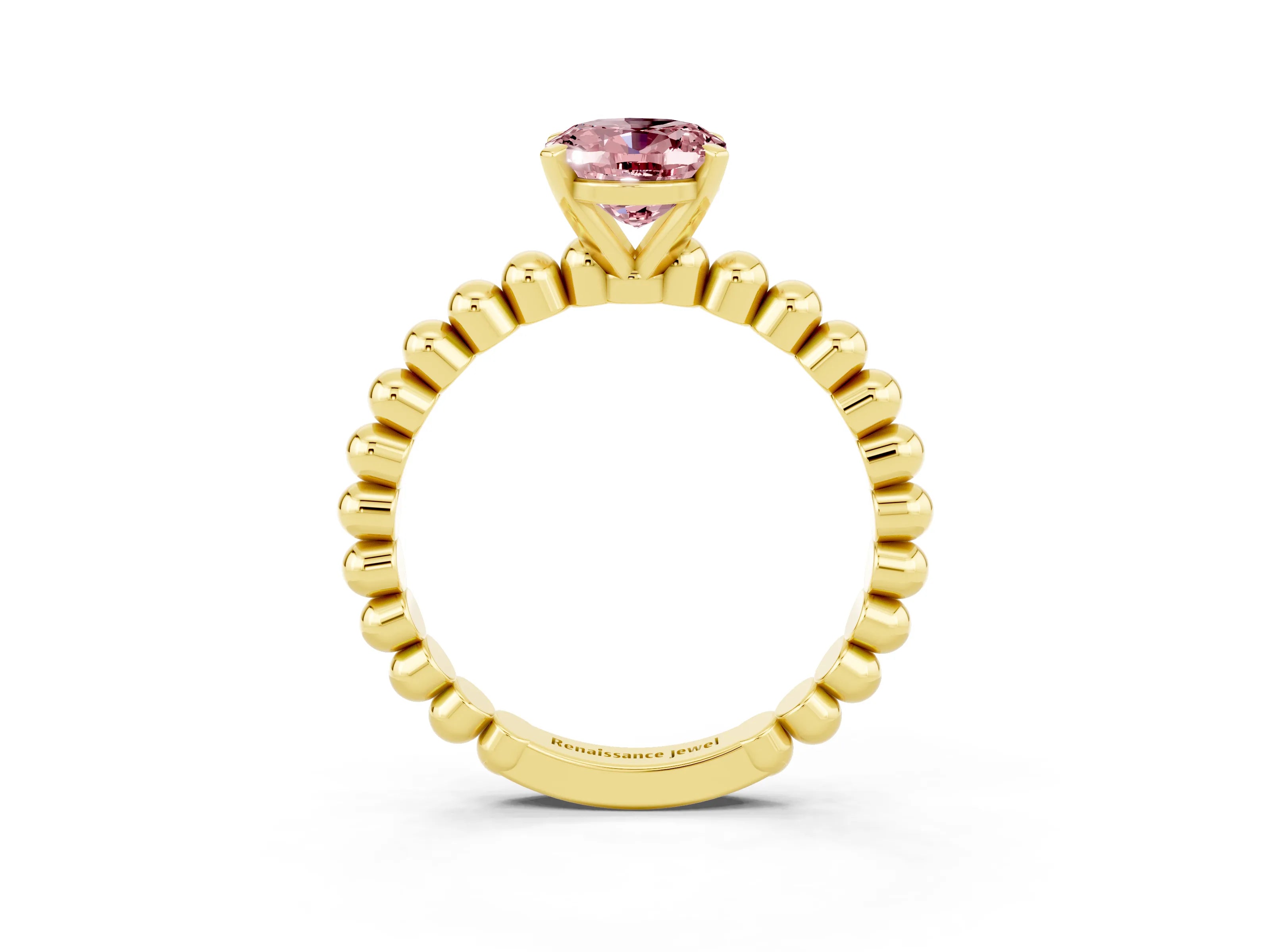 Yellow gold Oval Cut Morganite Solitaire Ring with Beaded Band and Prong Setting_3