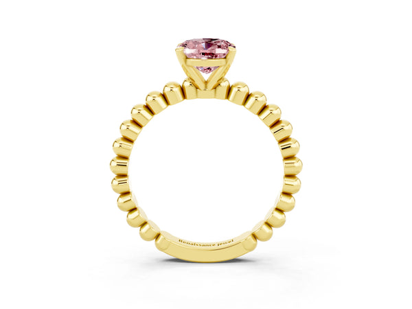 Yellow gold Oval Cut Morganite Solitaire Ring with Beaded Band and Prong Setting