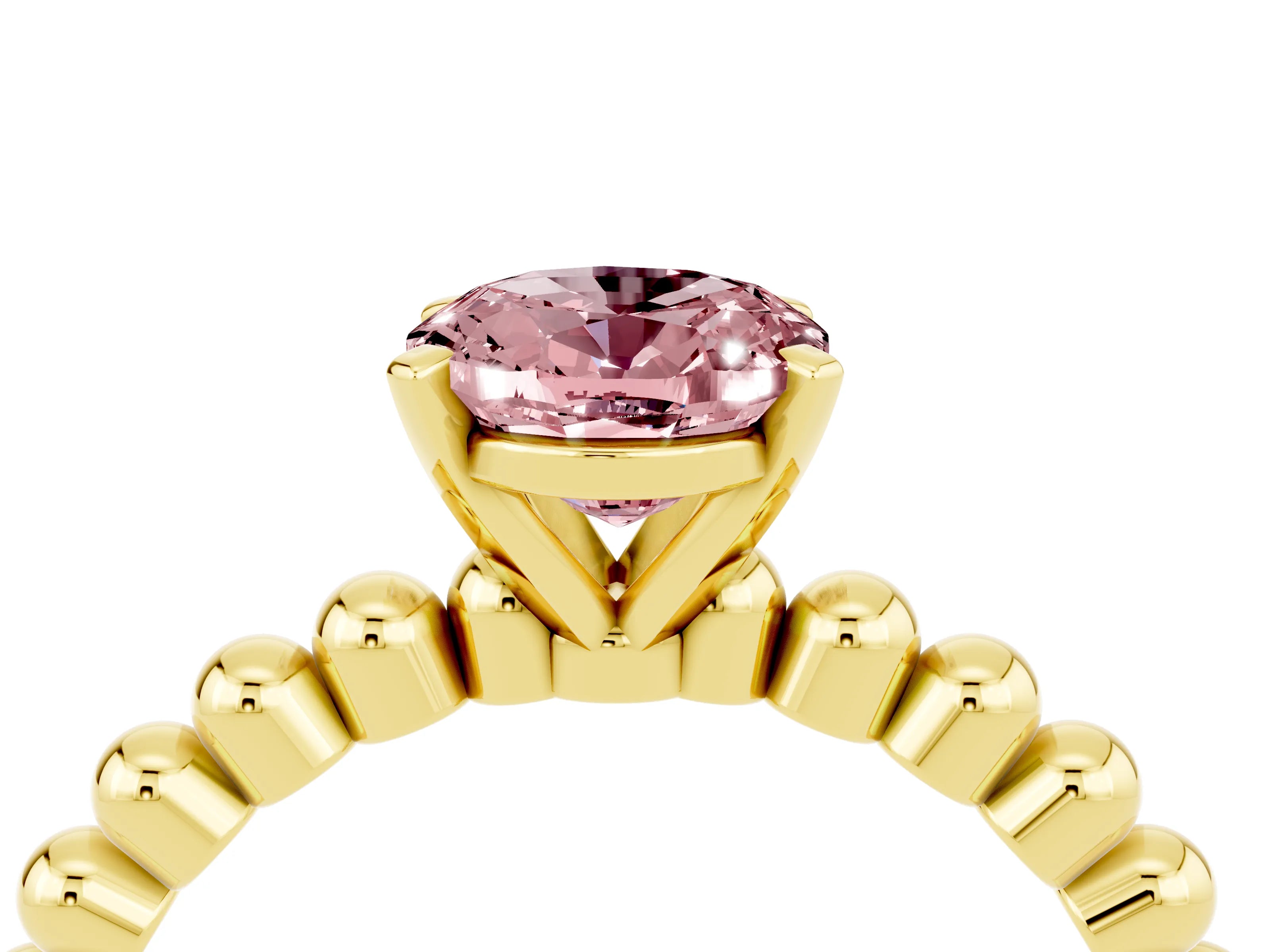 Yellow gold Oval Cut Morganite Solitaire Ring with Beaded Band and Prong Setting_4