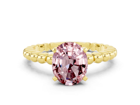 Yellow gold Oval Cut Morganite Solitaire Ring with Beaded Band and Prong Setting