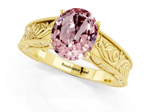 Yellow gold Oval Cut Morganite Solitaire Ring with Engraved Band and Four-Prong Setting_1