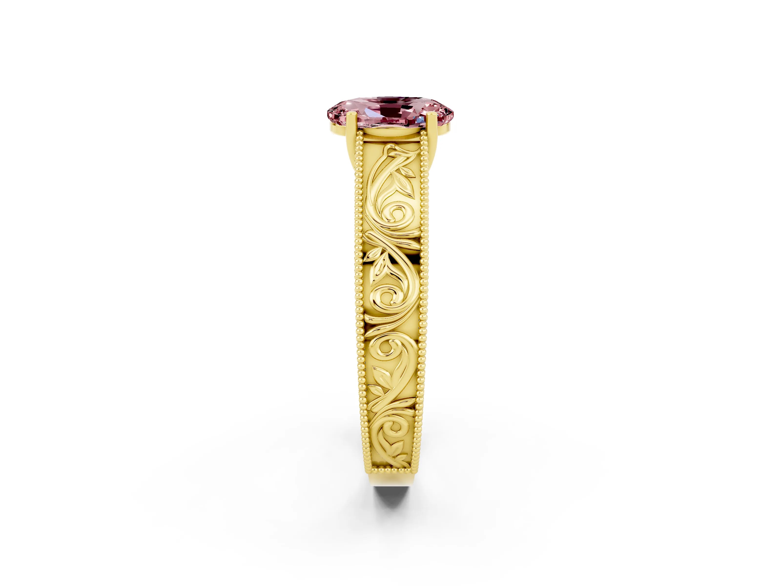 Yellow gold Oval Cut Morganite Solitaire Ring with Engraved Band and Four-Prong Setting_2