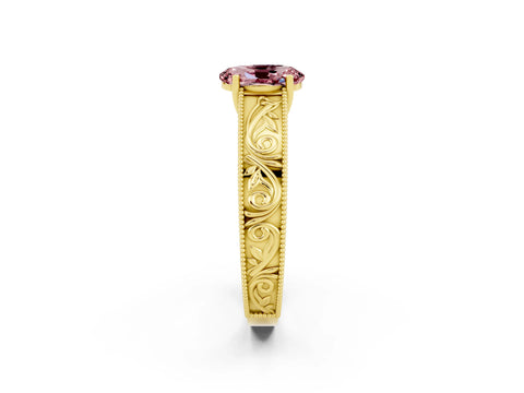 Yellow gold Oval Cut Morganite Solitaire Ring with Engraved Band and Four-Prong Setting_2