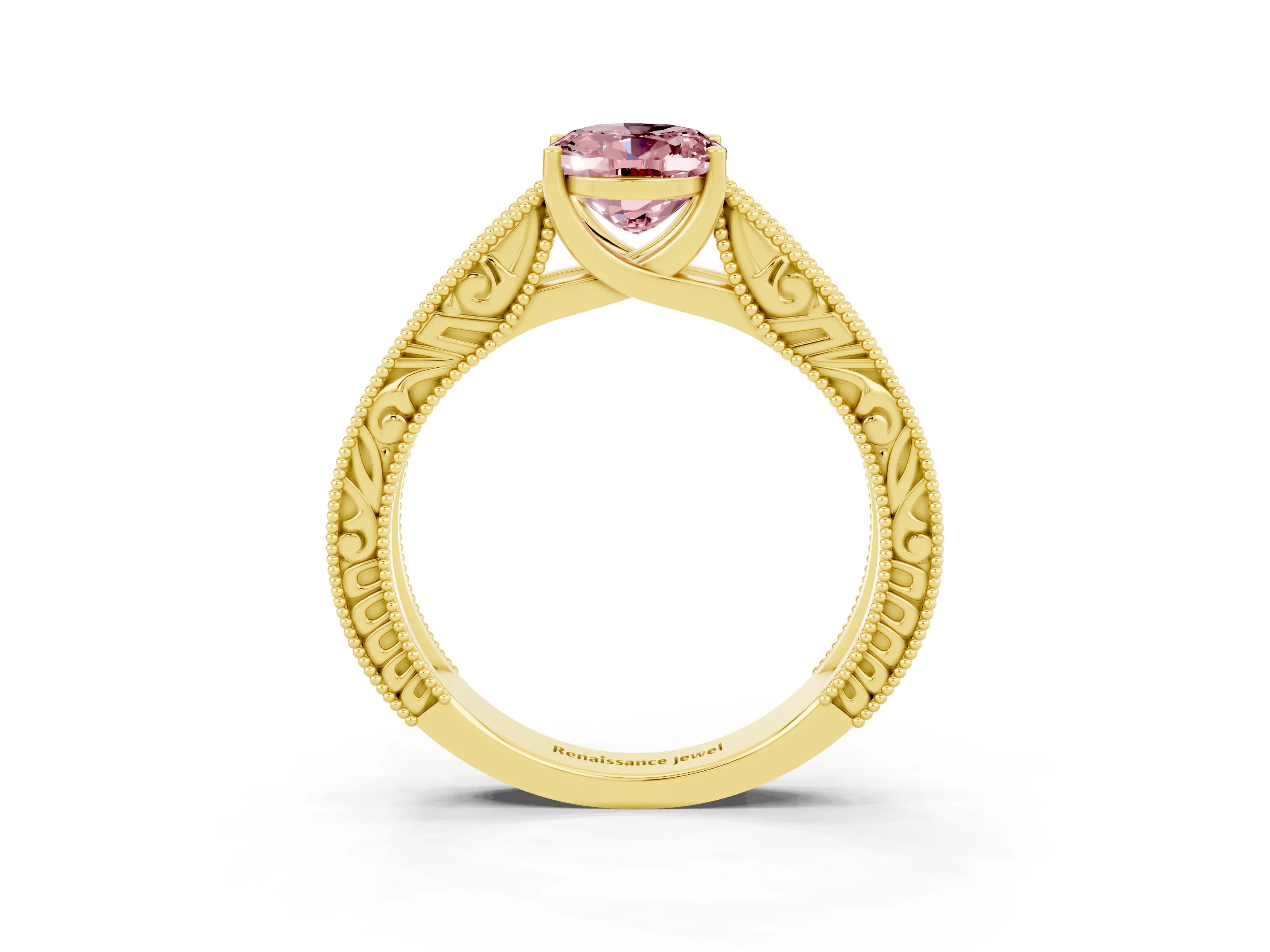 Yellow gold Oval Cut Morganite Solitaire Ring with Engraved Band and Four-Prong Setting_3