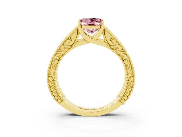 Yellow gold Oval Cut Morganite Solitaire Ring with Engraved Band and Four-Prong Setting
