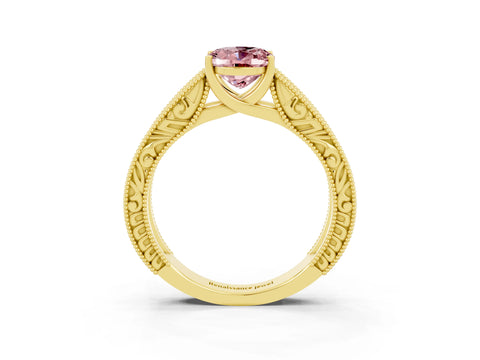Yellow gold Oval Cut Morganite Solitaire Ring with Engraved Band and Four-Prong Setting_3