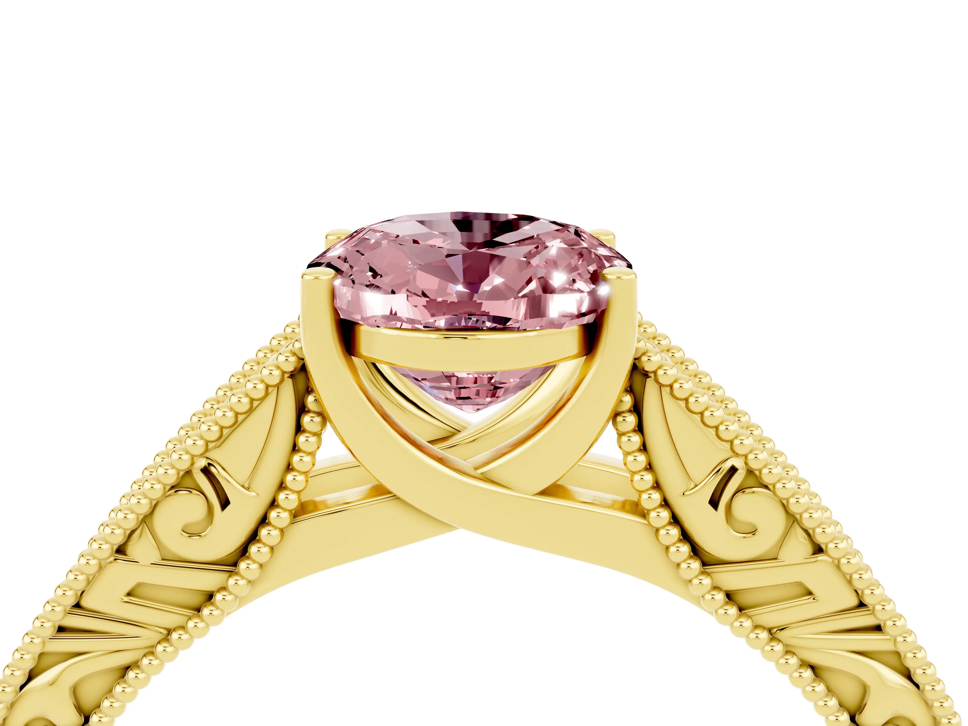 Yellow gold Oval Cut Morganite Solitaire Ring with Engraved Band and Four-Prong Setting_4