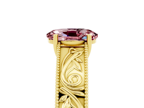 Yellow gold Oval Cut Morganite Solitaire Ring with Engraved Band and Four-Prong Setting_5