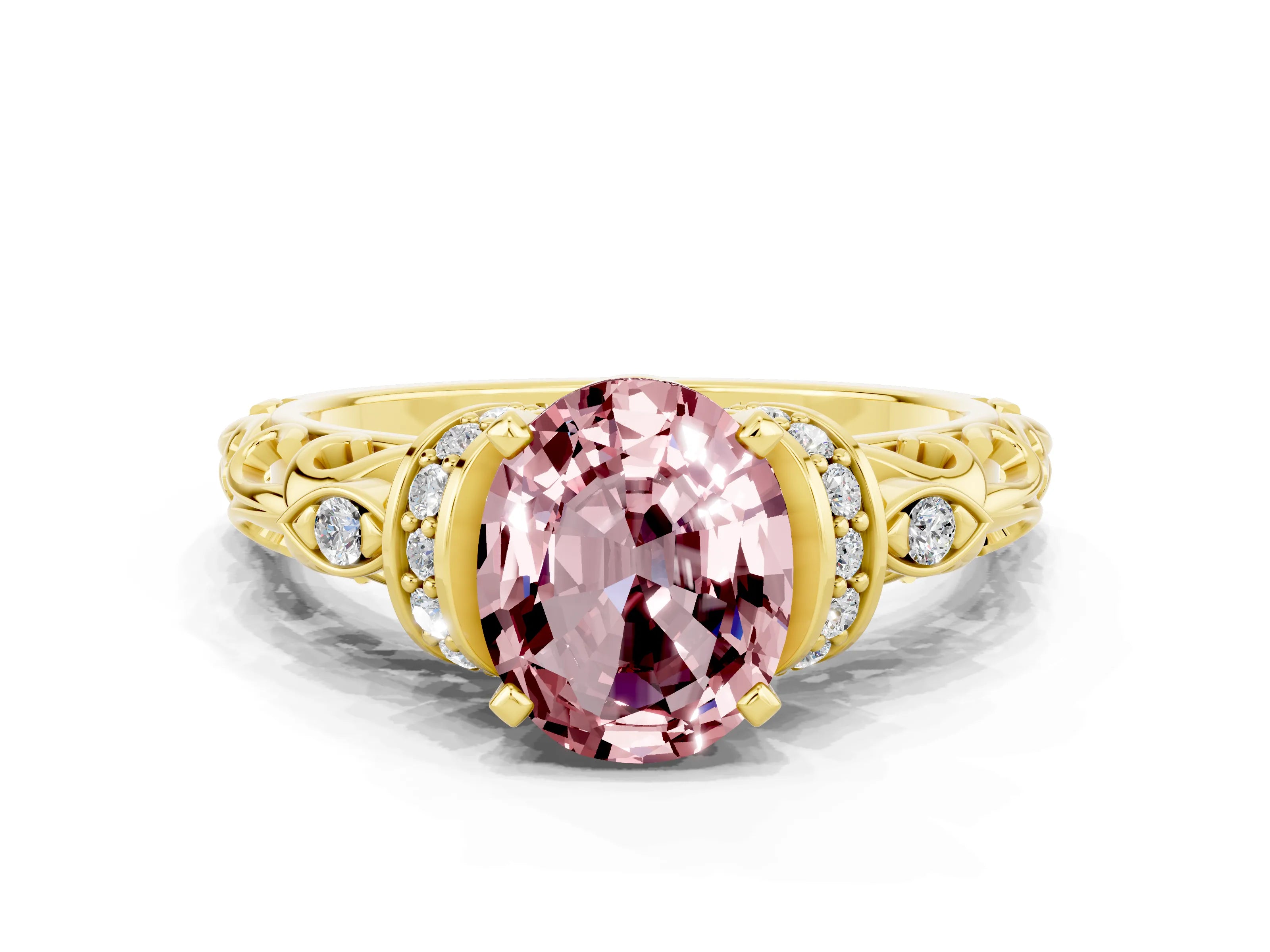 Yellow gold Oval Cut Morganite Solitaire Ring with Filigree Band and Four-Prong Setting_24