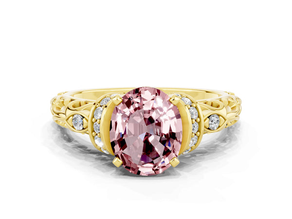 Yellow gold Oval Cut Morganite Solitaire Ring with Filigree Band and Four-Prong Setting