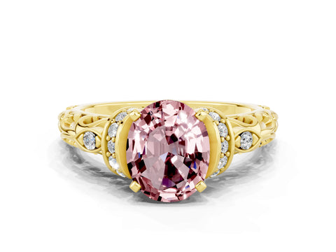 Yellow gold Oval Cut Morganite Solitaire Ring with Filigree Band and Four-Prong Setting_24