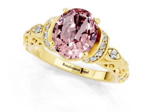 Yellow gold Oval Cut Morganite Solitaire Ring with Filigree Band and Four-Prong Setting_25